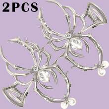 Pinza para el pelo personalizada  para mujer, diseño de garra de araña con calavera de Metal de aleación de perlas de imitación y diamantes de imitación para uso diario - Negro - Ver 8