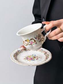 1 Set Dreamy Garden Palace Ceramic Coffee Cup & Saucer, French Palace Style Exquisite Women's Afternoon Tea Cup & Saucer Set, Delicate Embossed Mug & 6-Inch Floral Gold-Rimmed Plate, First Choice For Coffee, Dishwasher , Commercial Dessert Cup - Multicolor - View 6