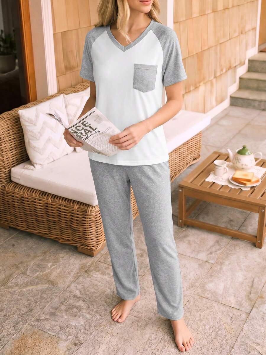 Women's Casual Colorblock Raglan Sleeve Patch Pocket Design V-Neck Pullover T-Shirt Short Sleeve Long Pants Pajama Set - Multicolor - View 1