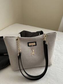 Bolso de mano de gran capacidad para mujer, bolso de hombro con cadena elegante, nueva bolsa de moda para debajo del brazo, bolso de lino retro - Negro - Ver 1