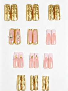 24pcs French Press On Nails, Rectangle, Embellished With Large 3D Gold Rhinestones, XXL/XXXL Size, Metal Accessories Design, Luxury Y2K Style, Smooth Surface, Full Cover, Suitable For Daily Wear For Women And Girls. - Multicolor - View 3