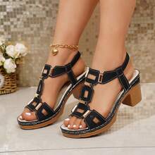 Plus Size Women's Retro Solid Color Buckle Platform Wedge Sandals,Summer Shoes - Black - View 11
