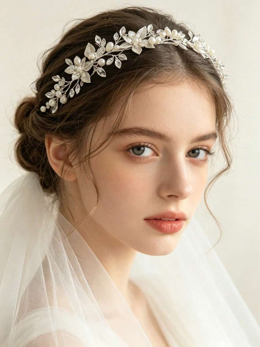1pc Silver Flower Handmade Crystal Rhinestone Headband, Sparkling Dress Accessory, Princess Wedding Banquet Headpiece, Anniversary Gift, Mori Style Hair Accessory - Silver - View 1