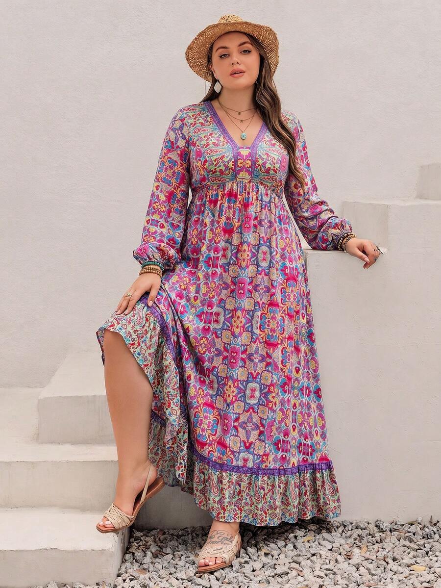 Rusttydustty Plus Size Women's Bohemian Style Tea Party Vacation Print Long Sleeve Dress, Multi-Color V-Neck Layered Hem Flowy Dress Suitable For Autumn/Winter - Purple - View 1