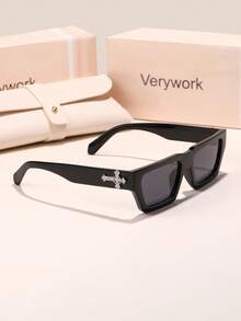 Verywork 1 Pair Casual Rectangular Wide Frame Rhinestone Heart-Shaped Plastic Full Frame Women's Sunglasses, UV Protection, Popular Design, Fashion Basic Style, Suitable For Daily Life, Summer, Street Photography, Beach Party, Outdoor Leisure Activities, Date Outfit And More, Fashion Accessory, Suitable For All Face Shapes - Multicolor - View 3