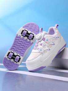 Girls' 4-Wheel Roller Shoes, New Children's Roller Skate Sneakers, All-Season Mesh Upper Lightweight Durable Roller Shoes, Fashionable Hook And Loop Adjustable Dual-Wheel Hidden Roller Shoes, Removable Wheels, 2-In-1 Roller Skate Shoes, Inline Skate Shoes, Sports Shoes With Wheels For Teenagers - Violet Purple - View 2