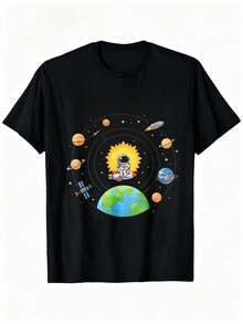 Camiseta de Manga Corta Negra con Estampado de Astronauta en Cohete y Planetas del Universo para Niños y Adultos Ideal para Viajes Espaciales y Amantes de la Ciencia Ficción - Negro - Ver 1