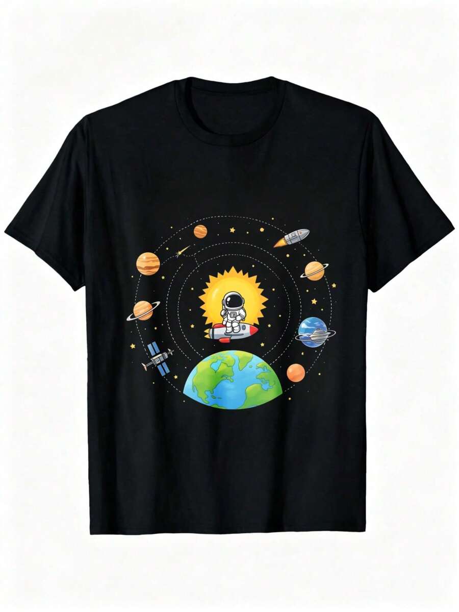 Camiseta de Manga Corta Negra con Estampado de Astronauta en Cohete y Planetas del Universo para Niños y Adultos Ideal para Viajes Espaciales y Amantes de la Ciencia Ficción - Negro - Ver 1