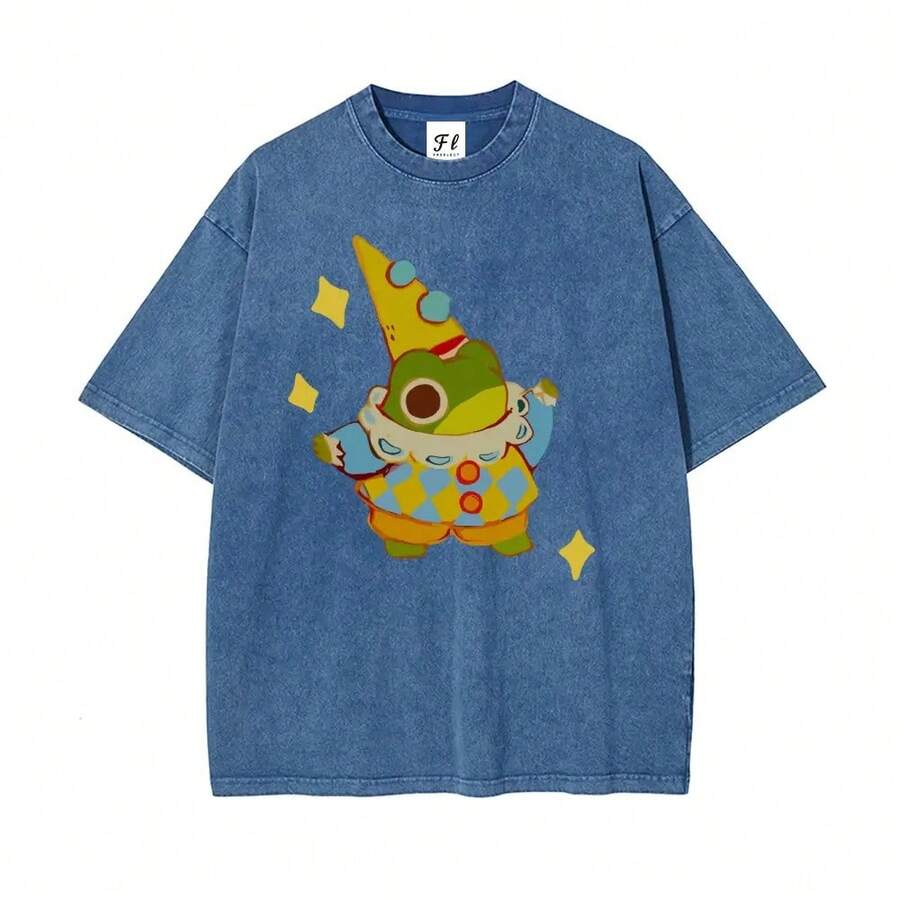 Men's Short-Sleeved Cotton T-Shirt, Crew Neck, Oversized Style - Retro Star Frog Cartoon Graphic Design, Vintage Wash, Stretchy, Soft And Comfortable Clothing - 寶藍色 - 查看 1