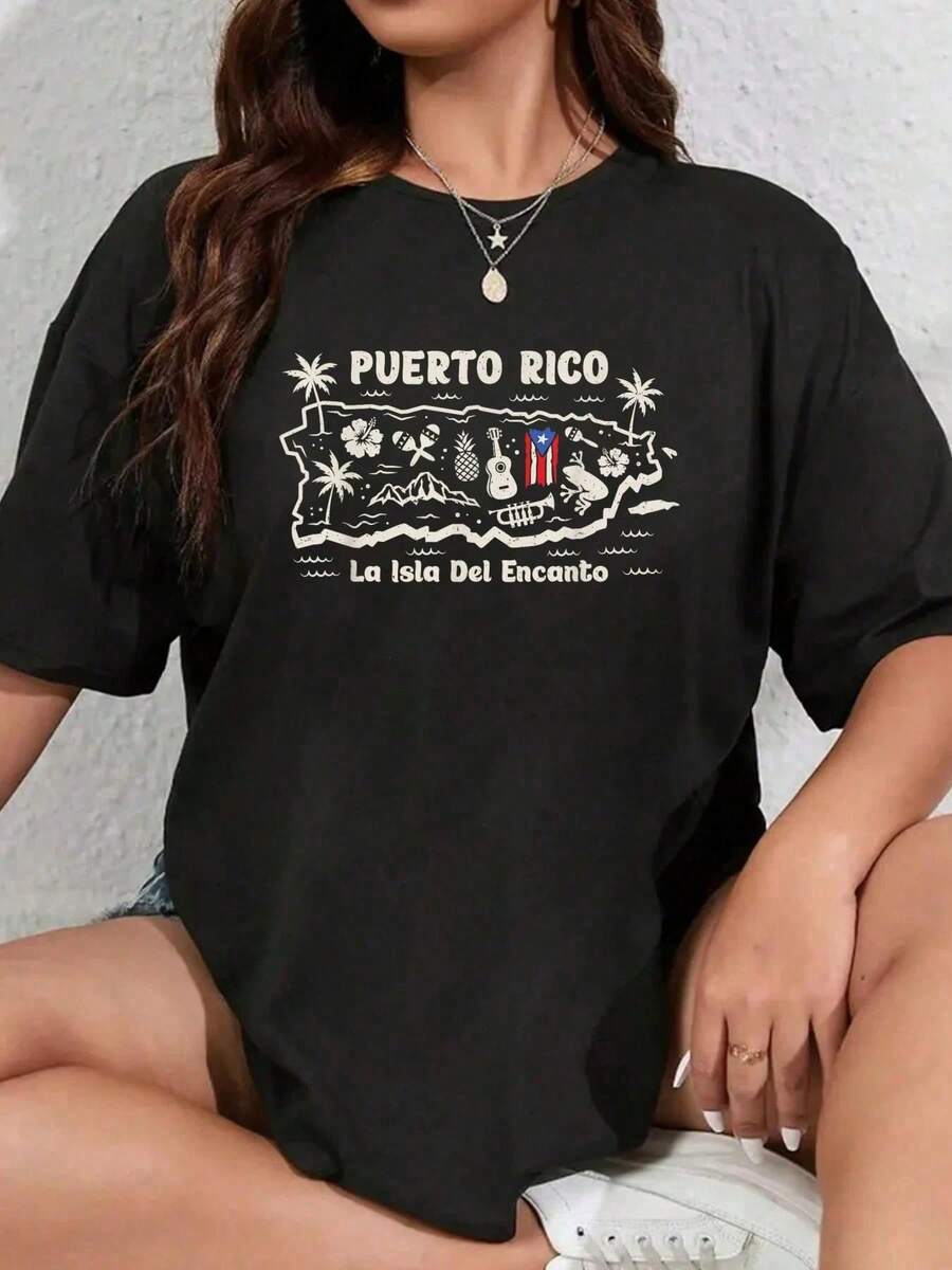 Playera Juvenil con Diseño de Isla Tropical Boho Manga Corta Casual Moda Estilo Retro Vintage Novedad Uso Diario Urbana - Negro - Ver 1