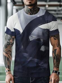Camiseta de exterior para hombre - Tejido de poliéster transpirable con estampado geométrico, corte regular y cuello redondo, adecuada para gimnasio y uso casual |   Lavable a máquina, apta - Negro - Ver 1