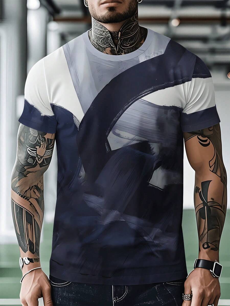 Camiseta de exterior para hombre - Tejido de poliéster transpirable con estampado geométrico, corte regular y cuello redondo, adecuada para gimnasio y uso casual | Lavable a máquina, apta - Negro - Ver 1