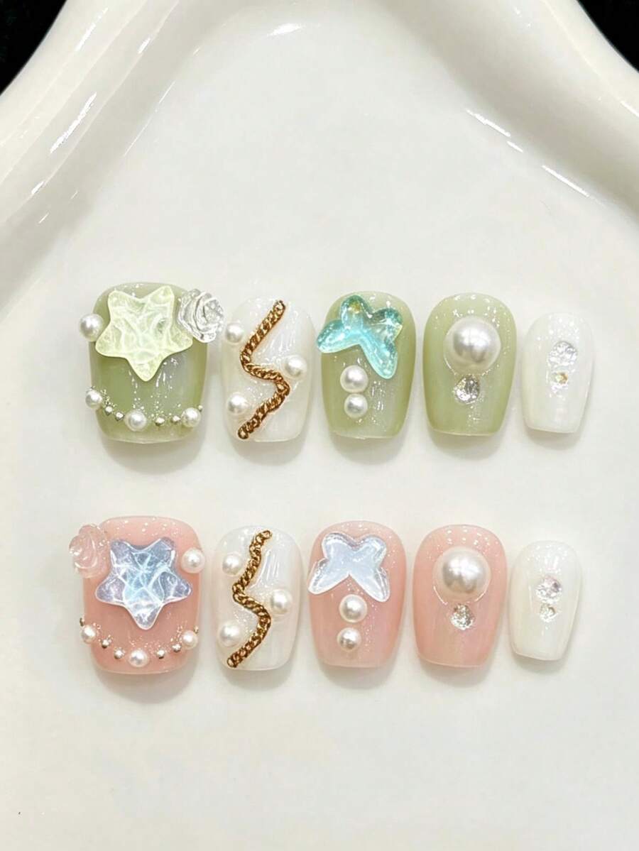 10片超短棺材形手工穿戴甲，適合派對與日常配戴，多色款貓眼亮星閃光，易佩戴，Y2K風格，適合女孩與女性的節日派對與日常穿搭