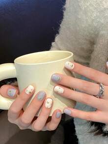 10PCS Short Round Handmade Press On Nails For Party And Daily Wear,Blue And White Nails,Star And Moon Totem Gold Foil Stars And Moons Press On Nails,Summer Nails,Suitable For Girls And Women Festivals Parties And Daily Wear - Blue and White - View 3