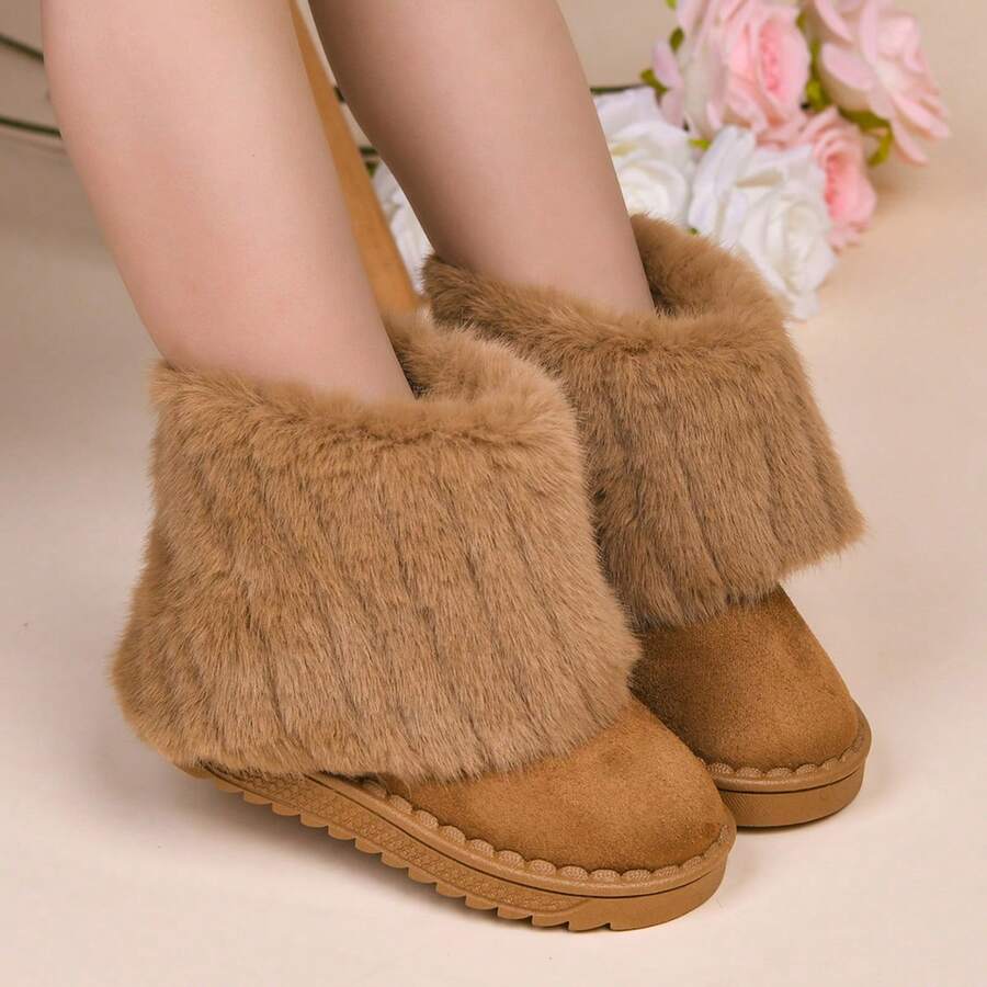 Girls' Faux Fur Ankle Snow Boots, Warm Lining Non-Slip Thick Sole Winter Ankle Boots, Children's Casual Cold-Proof Shoes - Brown - View 1