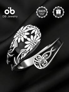 Vintage Sunflower Pattern Spoon Ring, Adjustable Open Band, 925 Sterling Silver Bohemian Style Celtic Knot Niche Design Hand Jewelry, Daily Wear, Valentine's Day Gift Box - Sunflower Spoon Ring - View 3