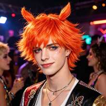 Peluca sintética naranja vibrante, corta, esponjosa, con capas, recta, despeinada y puntiaguda, con accesorio de diadema con forma de cuerno desmontable, para hombre y mujer, anime cosplay, con flequillo, kit de peluca para fiesta de disfraces, espectáculo en escenario, atuendo temático y sesión de fotos - Naranja - Ver 12