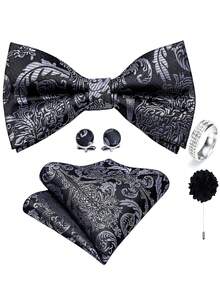 Ensemble d'accessoires pour homme 5 pièces gris à motif paisley jacquard, nœud papillon, pochette, boutons de manchette, bague, boutonnière, motifs de boutons de manchette aléatoires, décoration pour marié mariage - Gris - Voir 1