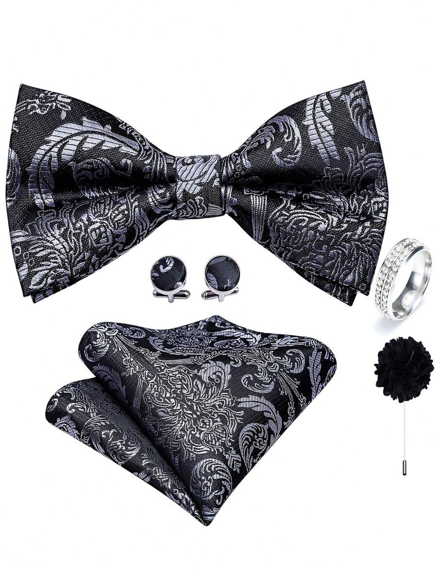 Ensemble d'accessoires pour homme 5 pièces gris à motif paisley jacquard, nœud papillon, pochette, boutons de manchette, bague, boutonnière, motifs de boutons de manchette aléatoires, décoration pour marié mariage - Gris - Voir 1