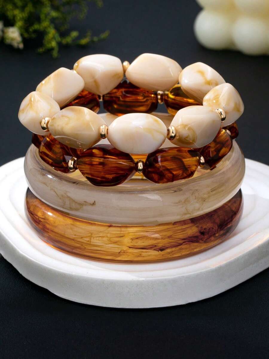 1 Set Caramel Amber Resin Bangle Bracelet Set For Women, Faux Jade Texture, Layered Wear, European And American Vintage Jewelry - Brown - View 1