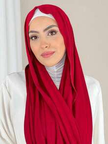 1 Piece Of Solid Color Soft Jersey Hijab, Pure Long Scarf For Women. - Red - View 1