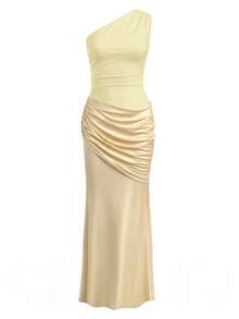 Elegant Asymmetrical Shoulder Fitted Cocktail Dress, Ruched Waist & Hip Design, Suitable For Formal Occasions, Wedding Parties, Bridesmaid Dresses Party - Gold - View 9