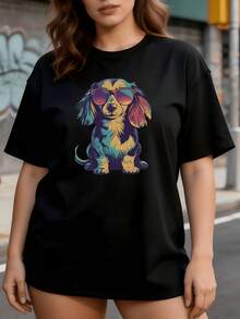 Camiseta suave de 180g para mujer con gráfico de perro salchicha arcoíris con gafas de moda - Divertida camiseta casual de manga corta y cuello redondo adecuada para festivales de verano, - Negro - Ver 2