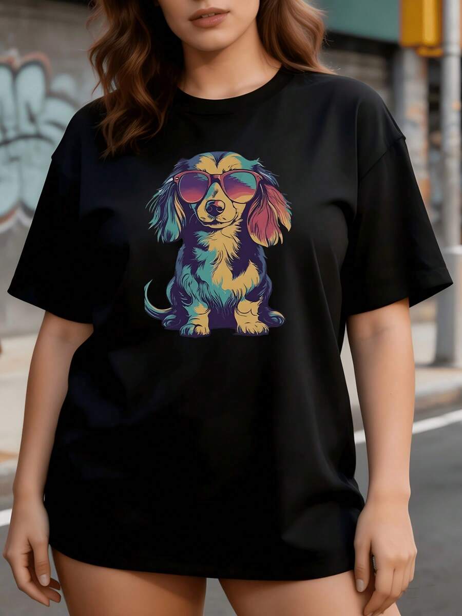 Camiseta suave de 180g para mujer con gráfico de perro salchicha arcoíris con gafas de moda - Divertida camiseta casual de manga corta y cuello redondo adecuada para festivales de verano,