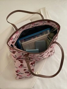 1件女款休閒通勤包，2025大容量極簡百搭單肩包，時尚小眾設計壓紋托特包，舒適肩帶，適合大學生上課/購物/外出/商場逛街/約會/度假 - 粉色 - 查看 7