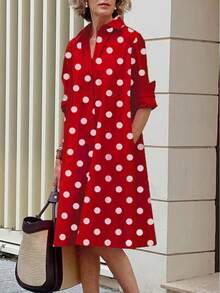 Simple Mid-Length Dress With Sleeves And A European And American Style Print. - 粉色 - 查看 3