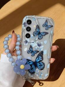 Creative Blue Flower & Butterfly With Beads Short Wrist Strap Wave Edge Protective Phone Case Compatible With Apple 7/8/X/XR/XSMAX/11/12/13/14/15/16/17Promax, A14/A15/A16/A17/A04/A05/A06/A07/A54/A55/A56/A57/A34/A35A/36/A37/S26/S26Plus/S26Ultra, Transsion SMART 7/8/9/10 - Clear - View 1