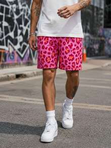 Herrshorts i rosa mesh med leopardmönster och dragsko, lösa avslappnade basketshorts för sport, utflykter, vardagsbruk och utomhusaktiviteter på sommaren - Rosa - Visa 3