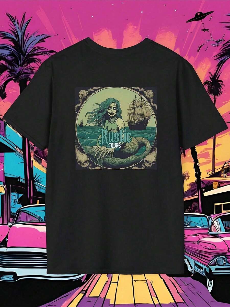Casual T-Shirt With Gothic Mermaid Print, Short Sleeve, Vintage Style, Urban Rock Fashion, Streetwear Aesthetic Retro Blouse For Everyday Wear - 黑色 - 查看 1