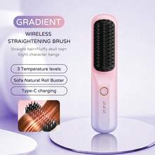 USB Rechargeable Wireless Hair Straightener Comb, Negative Ion Anti-Damage, Straight & Curly Hair Dual Use, Fast Heating With Overheat Protection, Pink/Black/White Gradient Color Options, Portable Travel Size, Creates Silky Smooth Hair, Suitable For Dorm Use - Multicolor - View 12