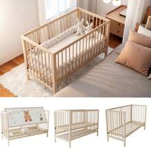 Cuna multifuncional 3 en 1 de madera Flieks, fabricada en madera de pino, convertible en cuna de noche, escritorio y caballete, cama infantil regulable en altura con acabado en madera natural, sin colchón, 120 * 60 * 90 cm. - Natural - Ver 5