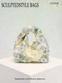 Bolso tote bordado floral hueco en amarillo y verde, bolso de mano plisado y arrugado de estilo francés chic, estilo campestre suave y romántico, adecuado para vacaciones en la playa, combin - Azul 2 - Ver 1
