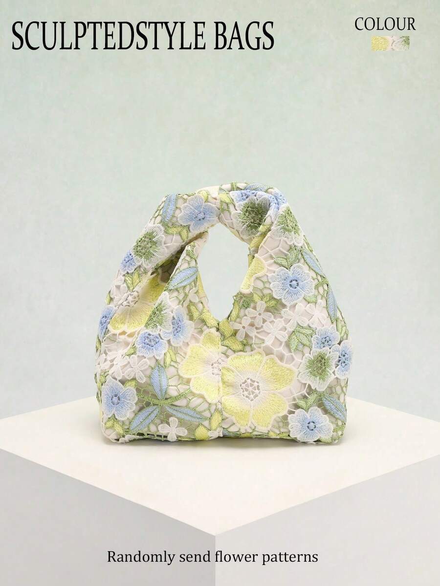 Bolso tote bordado floral hueco en amarillo y verde, bolso de mano plisado y arrugado de estilo francés chic, estilo campestre suave y romántico, adecuado para vacaciones en la playa, combin - Azul 2 - Ver 1