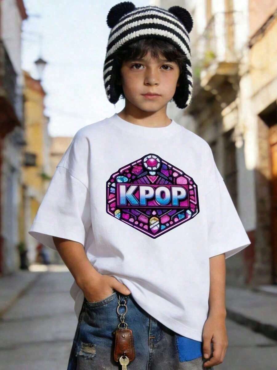 Camisetas Para Niño Playera Blanca Niño Conjuntos Para Niña Conjunto De Niño Vestido Juvenil Adolescentesde manga corta con cuello redondo informal y suave de verano para niño,Estampado de l - Blanco - Ver 1