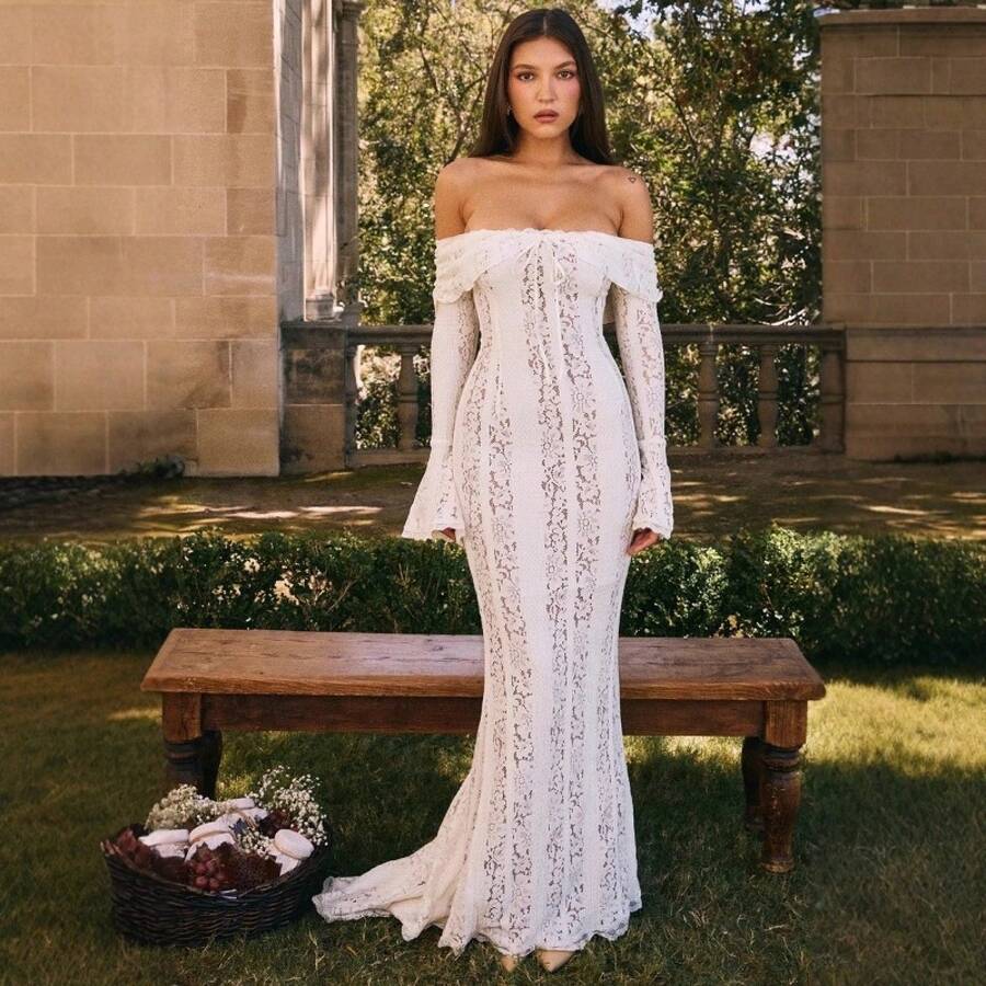 Long French Lace Dress In European And American Style With Bell Sleeves And Strapless Design. - 粉色 - 查看 1