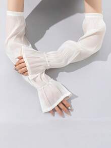 1 Pair Pearlescent Chiffon Pearl Trim Flare Sleeve Covers, Soft Thin Breathable Arm Sleeves For Styling - Beige-260 - View 3