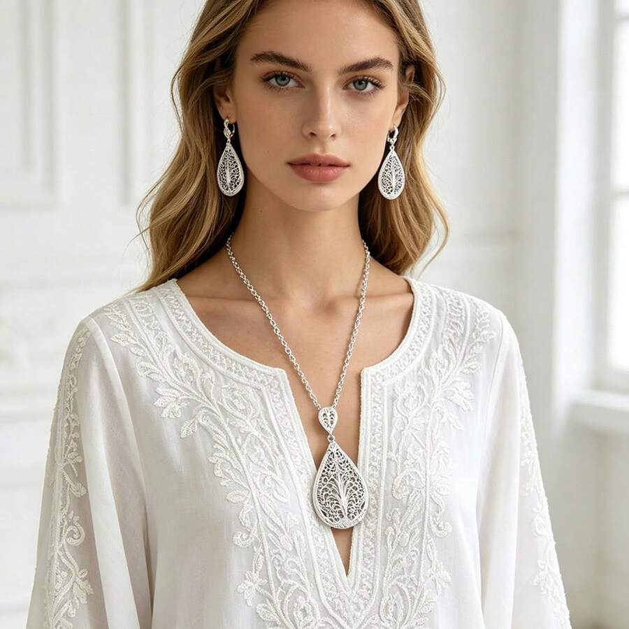 Juego de 3 piezas de joyería marroquí de moda, collar colgante floral hueco chapado en oro y pendientes colgantes en forma de lágrima, accesorios árabes a juego para mujer - Collar+pendientes - Ver 1