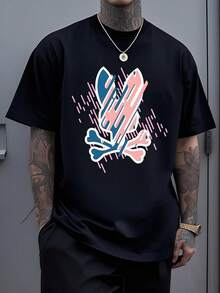 Abstract Graphic Of A Skull And Intertwined Bones With Vibrant Pastel Lines, A Symbol Of Mortality And Rebellion, Men's Casual Cotton T-Shirt - 黑色 - 查看 1