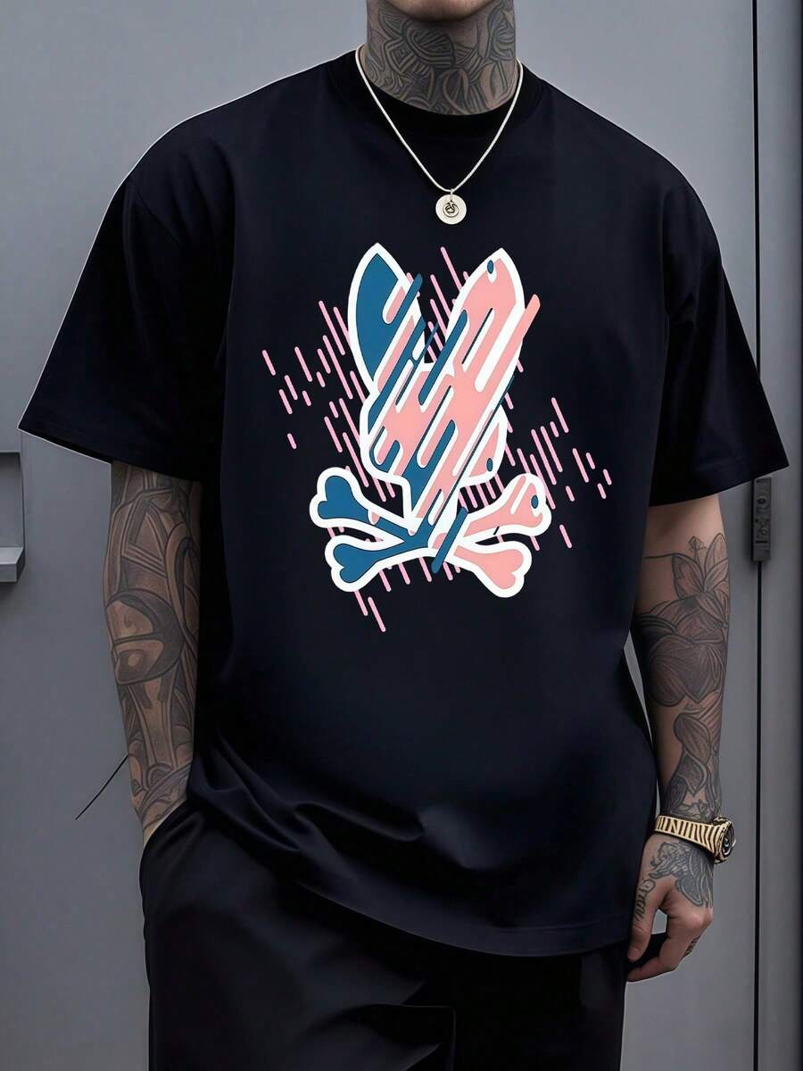 Abstract Graphic Of A Skull And Intertwined Bones With Vibrant Pastel Lines, A Symbol Of Mortality And Rebellion, Men's Casual Cotton T-Shirt - 黑色 - 查看 1