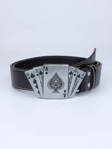 1pc Punk Street Style Poker Card Shaped Buckle, Simple Casual PU Belt, Unisex - Black - View 1