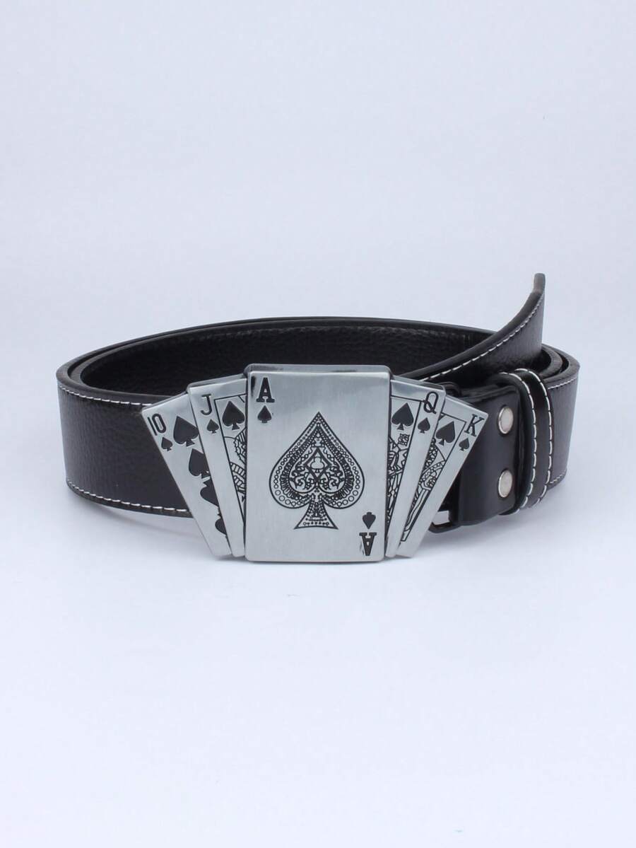1pc Punk Street Style Poker Card Shaped Buckle, Simple Casual PU Belt, Unisex - Black - View 1