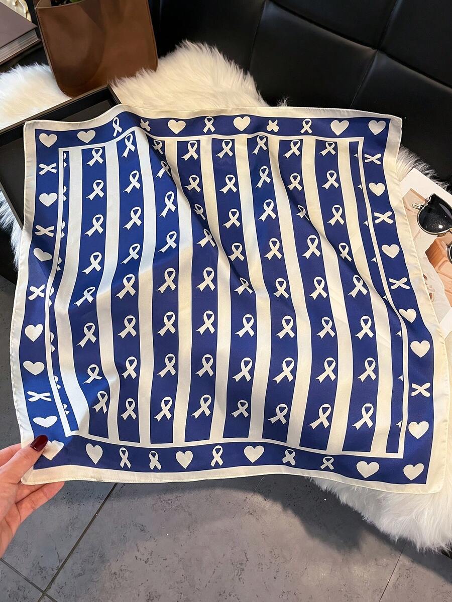 1件極簡優雅蝴蝶結與愛心圖案印花70cm正方形圍巾,女款方巾,適合休閒與街頭時尚外出,可作頭巾、髮帶、髮箍,戶外防曬裝飾頭巾,完美打造造型 - 藏蓝色 - 查看 1