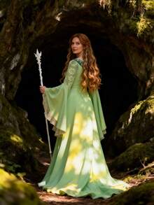 Elf Cosplay Costume Medieval Dress Long Bell Sleeves Round Neck Woven Fabric Stage Performance Women Fantasy Outfit Fall - Green - View 3