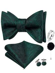 5Pcs Green Paisley Men Accessory Set, Self-Tie Bow Tie Pocket Square Cufflinks Ring Boutonniere, Random Cufflink Patterns, For Groom Wedding - Green - View 1