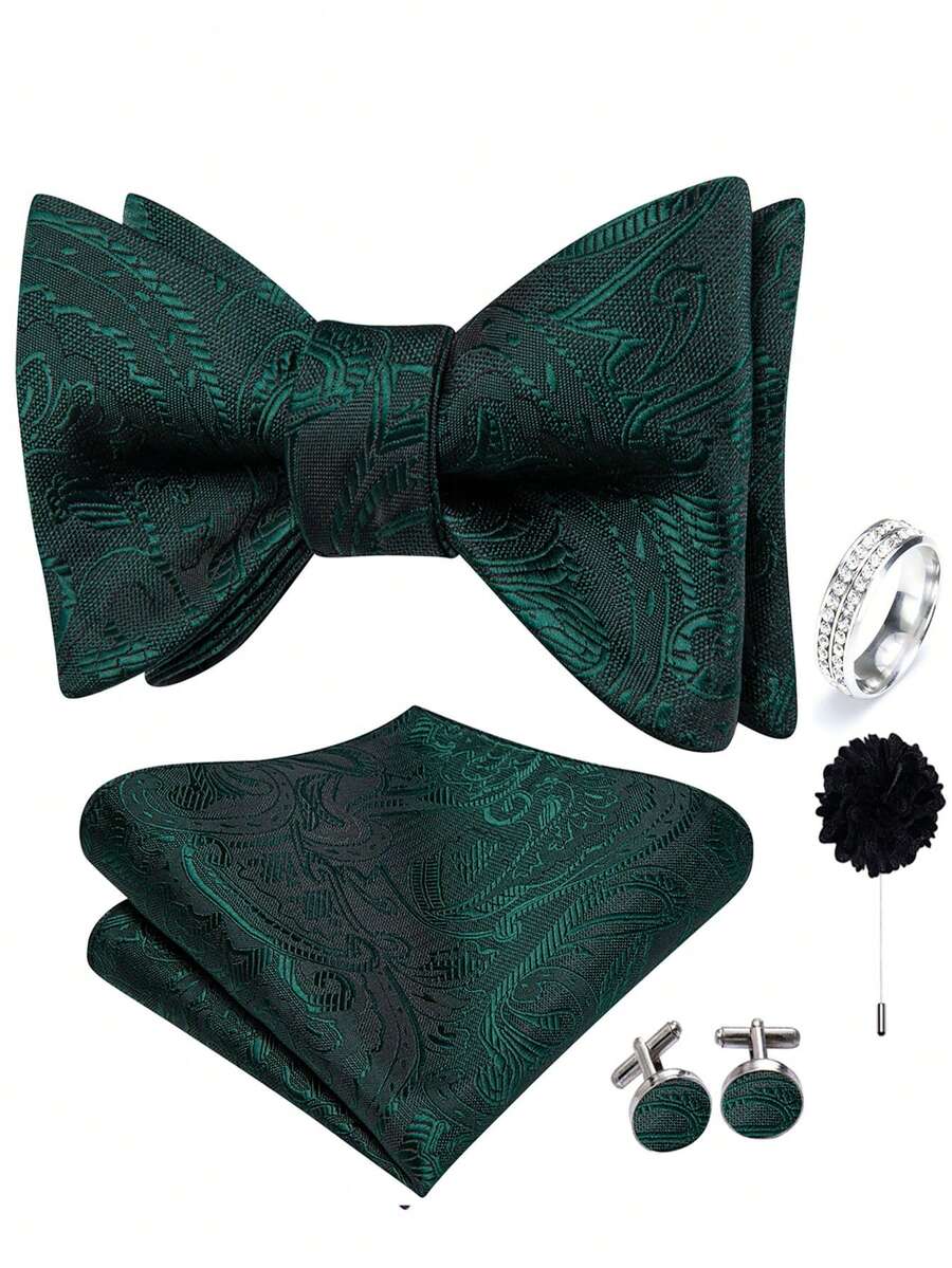 5Pcs Green Paisley Men Accessory Set, Self-Tie Bow Tie Pocket Square Cufflinks Ring Boutonniere, Random Cufflink Patterns, For Groom Wedding - Green - View 1