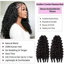 bling hair Real Hair Crochet Extensions For Women, 45 Cm (18 Inches), Feather Crochet Real Hair, Pre-Separated, Invisible Magic Knots, Burmese Curls, Natural Black (1B#), 50 Strands, 50 G - Natural Black - View 5